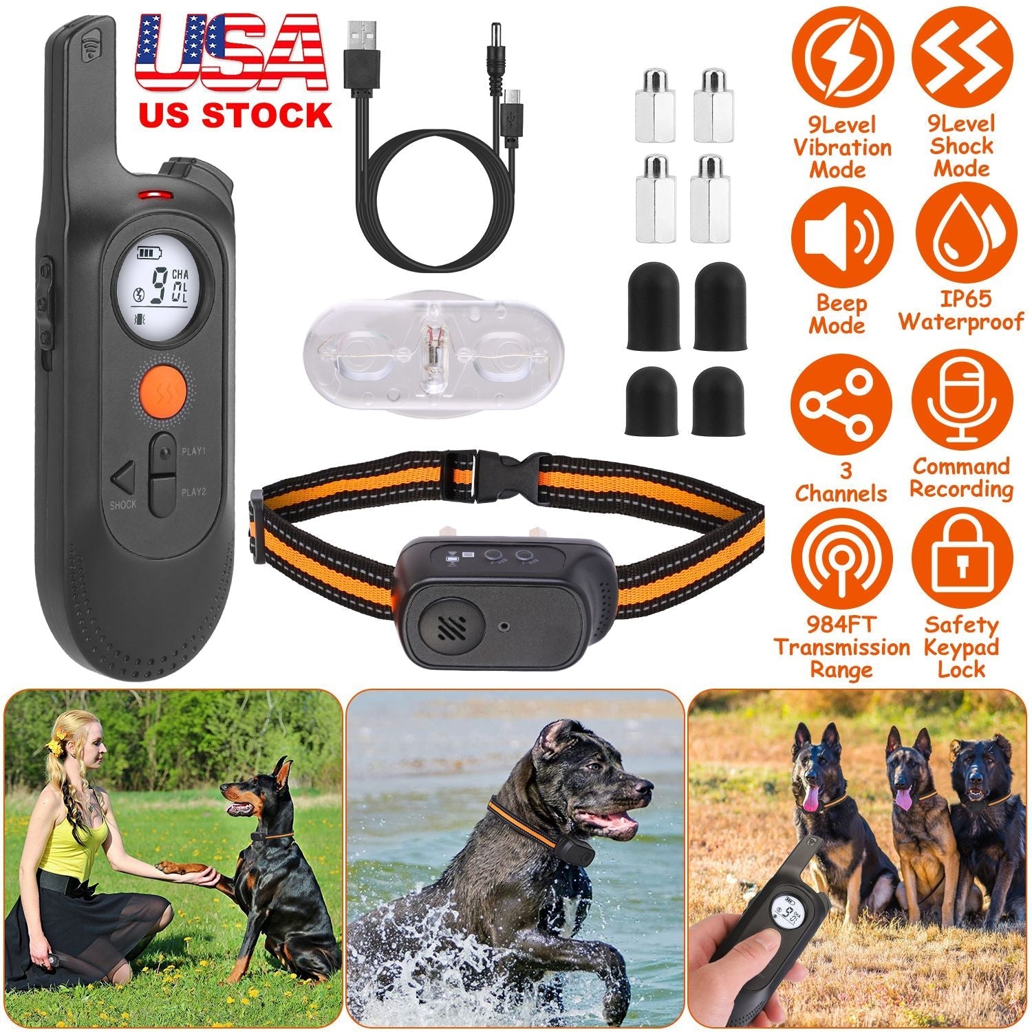 984FT Dog Training Collar IP65 Waterproof Pet Beep Vibration Electric Shock Collar 3 Channels Rechargeable Transmitter Receiver Trainer with Recording