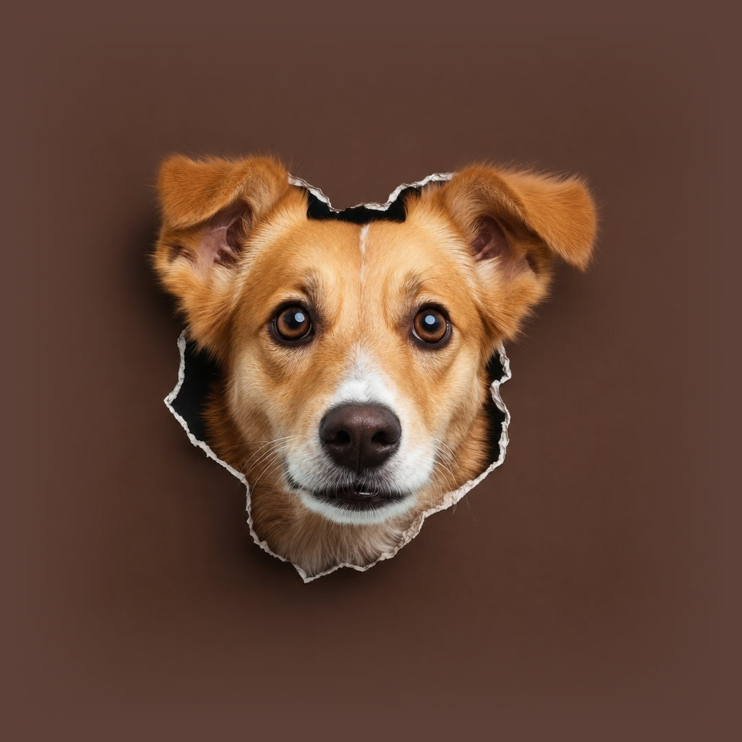 brown dog peeking through ripped paper background hole