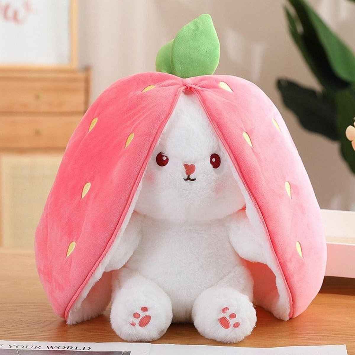 Reversible Strawberry Bunny Plush Toy Transforming Hide and Seek