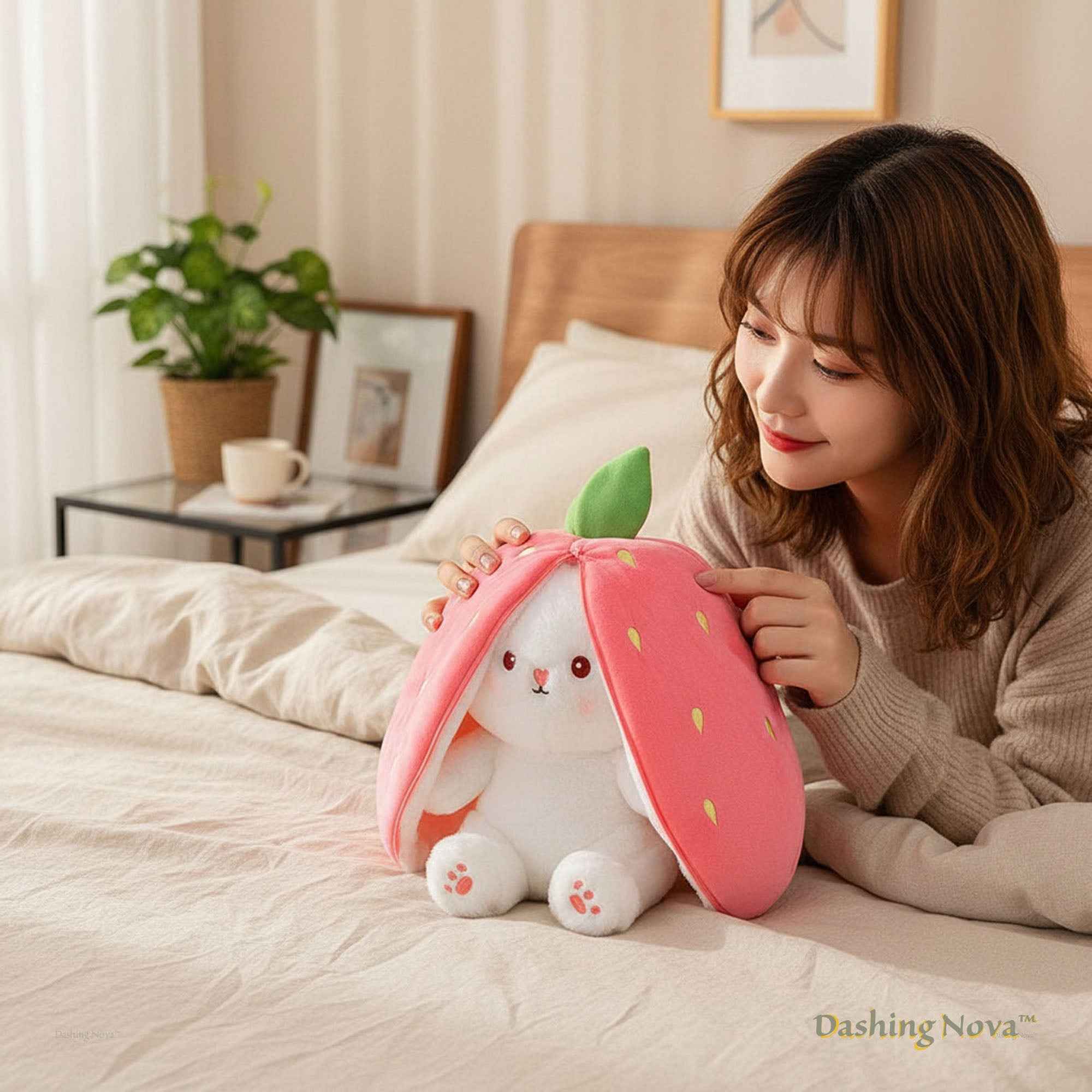 Reversible Strawberry Bunny Plush Toy Transforming Hide and Seek