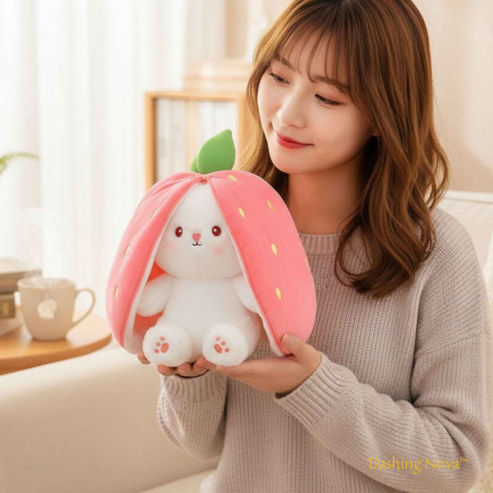 Reversible Strawberry Bunny Plush Toy Transforming Hide and Seek