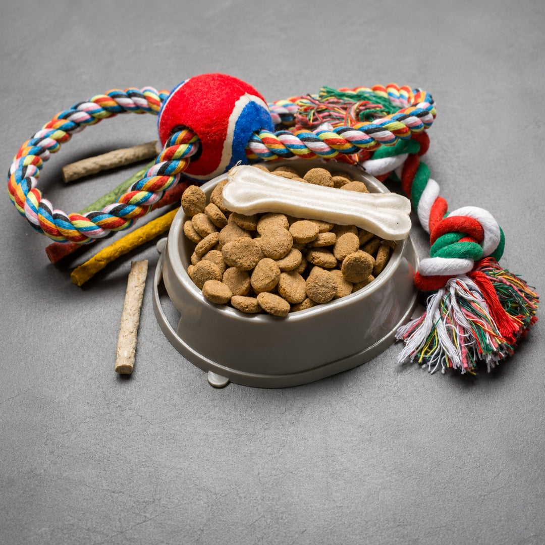 A pet feeding setup on a gray surface, featuring a metal bowl filled with brown kibble and a bone-shaped treat, surrounded by colorful dog toys including a braided ball, rope, chew sticks, and a tassel toy.