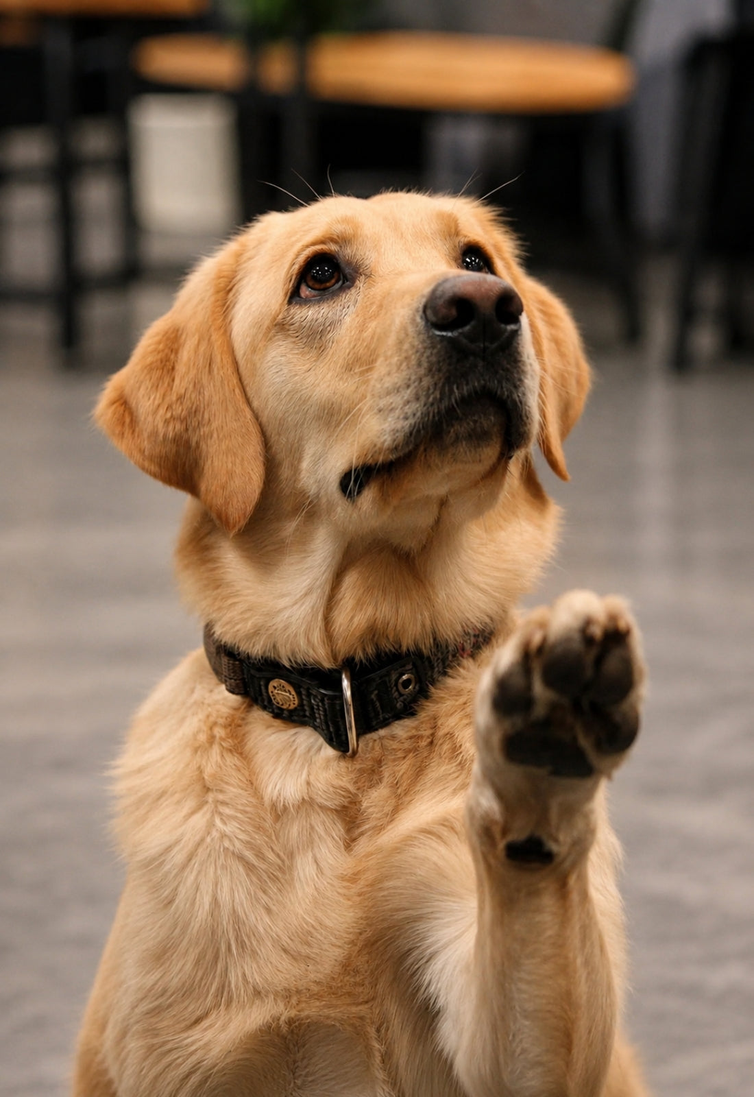 A golden retriever dog wearing a black collar with gold hardware, sitting and raising one paw in a gesture, set against a blurred indoor background.