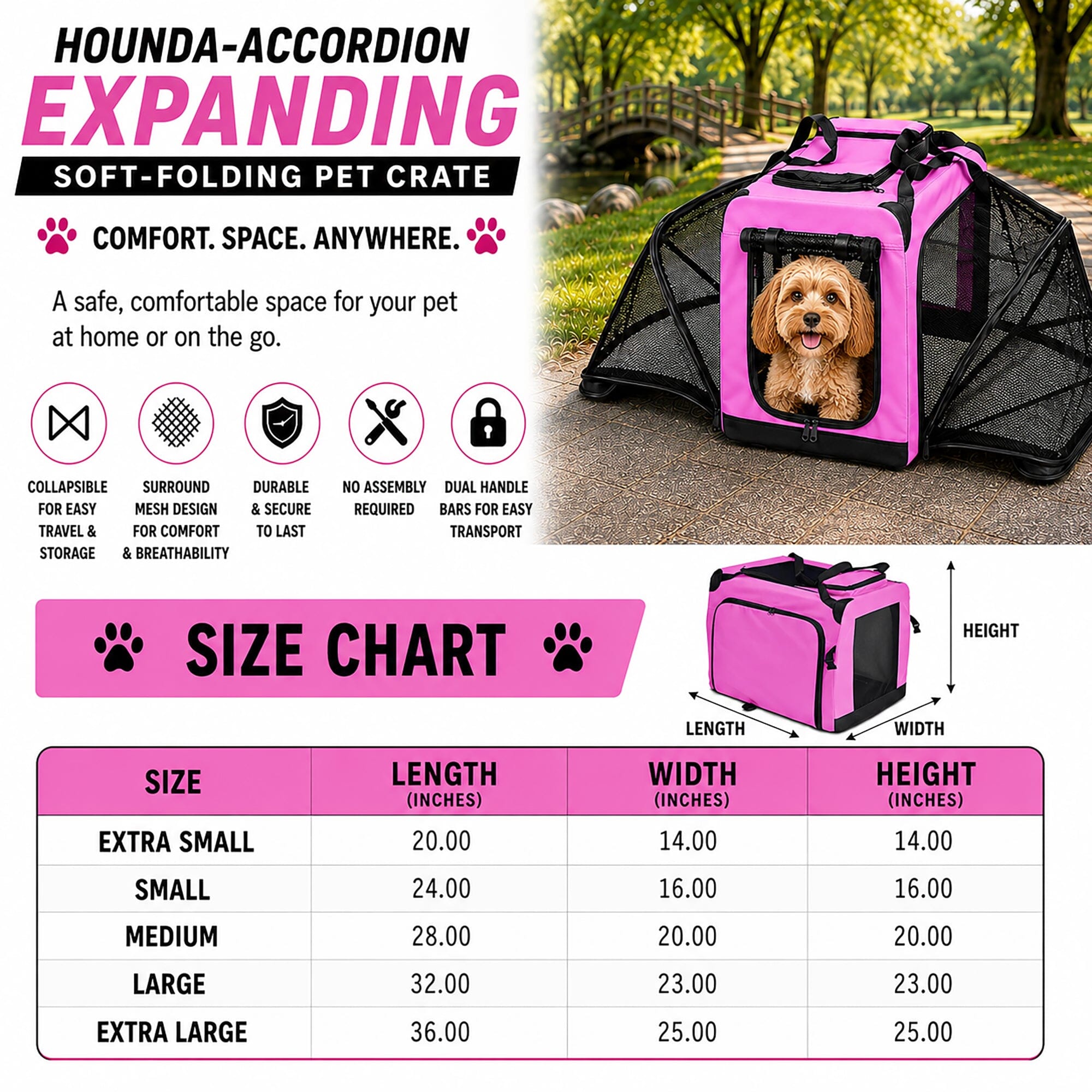 Hounda Accordion Collapsible Expandable Soft Pet Dog Crate