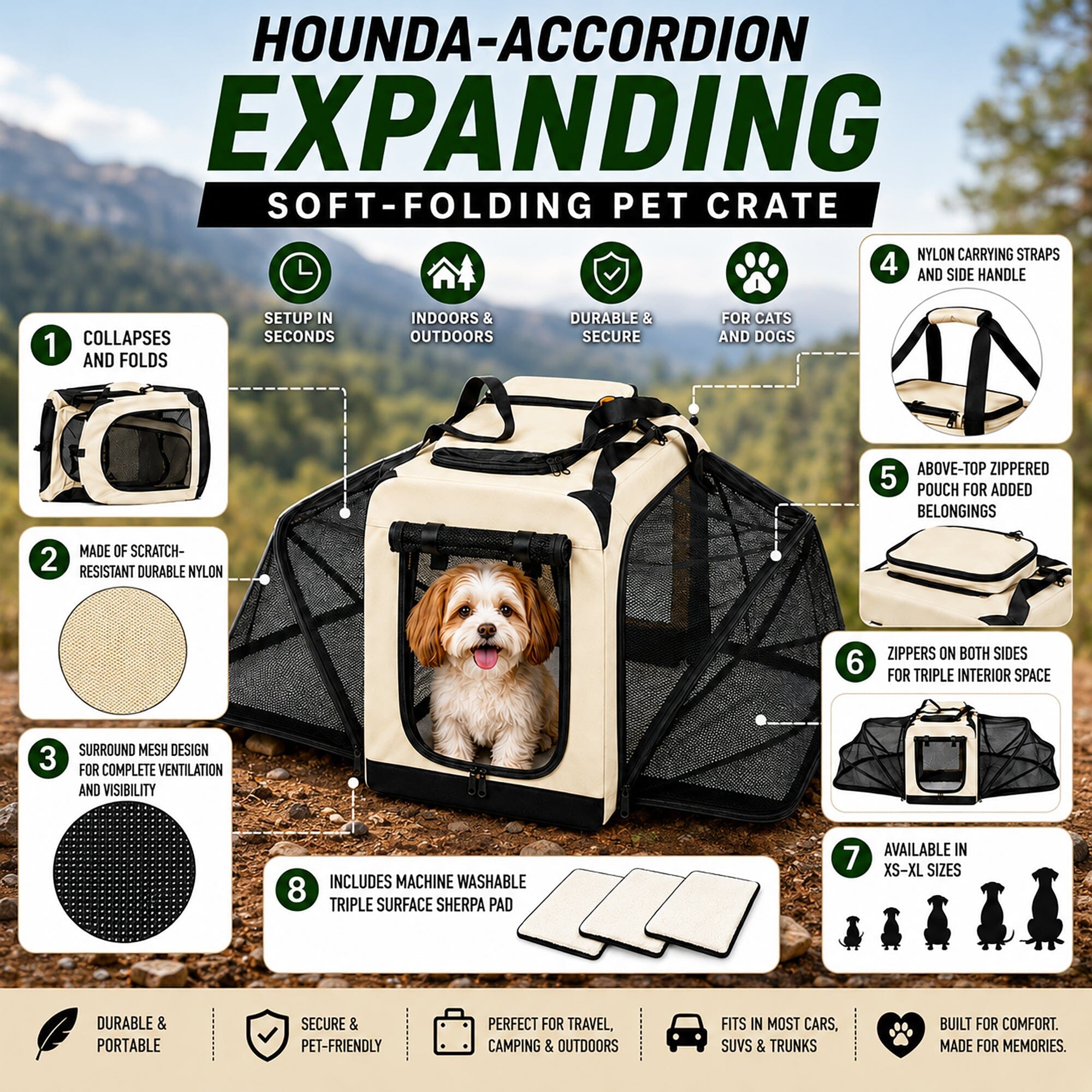 Hounda Accordion Collapsible Expandable Soft Pet Dog Crate