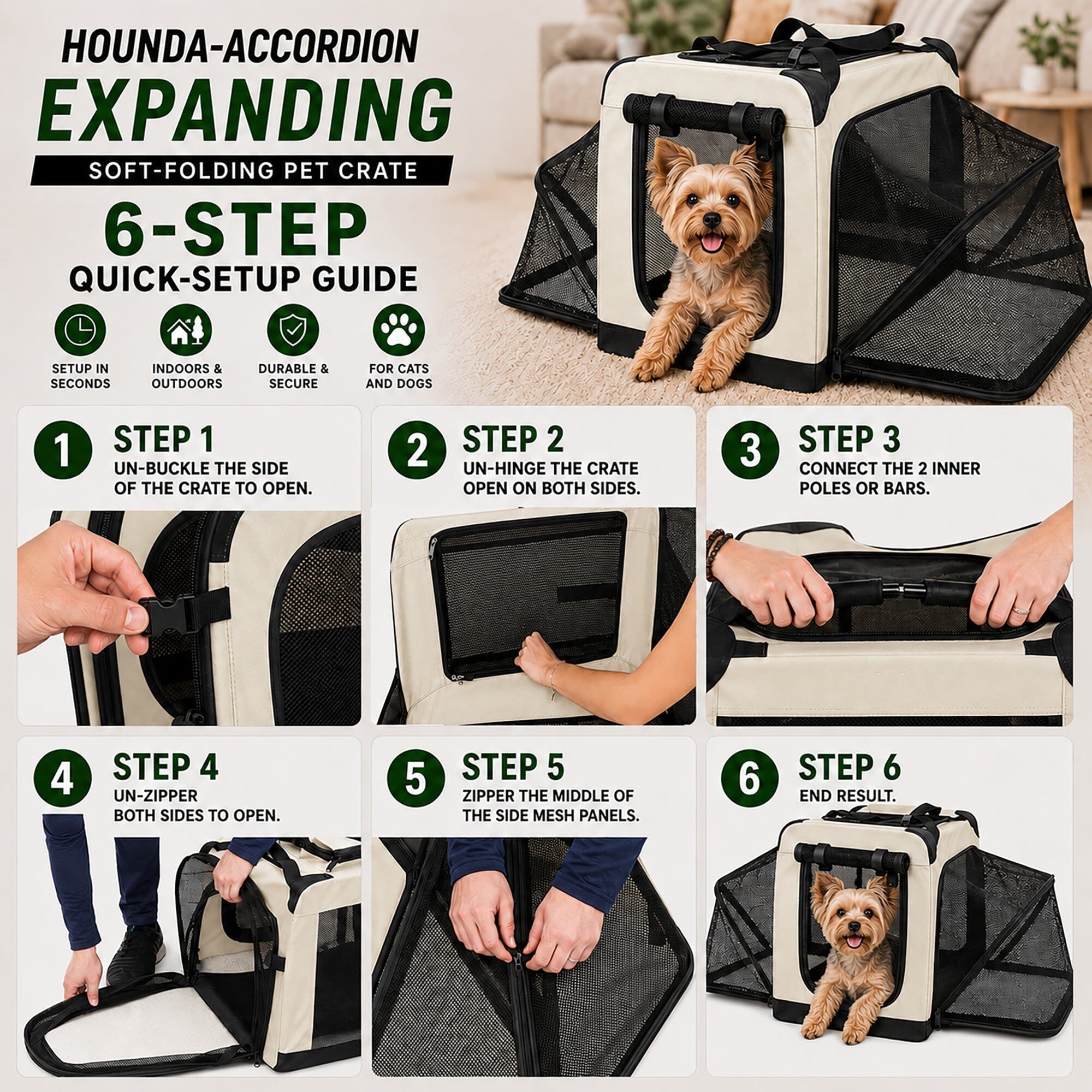 Hounda Accordion Collapsible Expandable Soft Pet Dog Crate