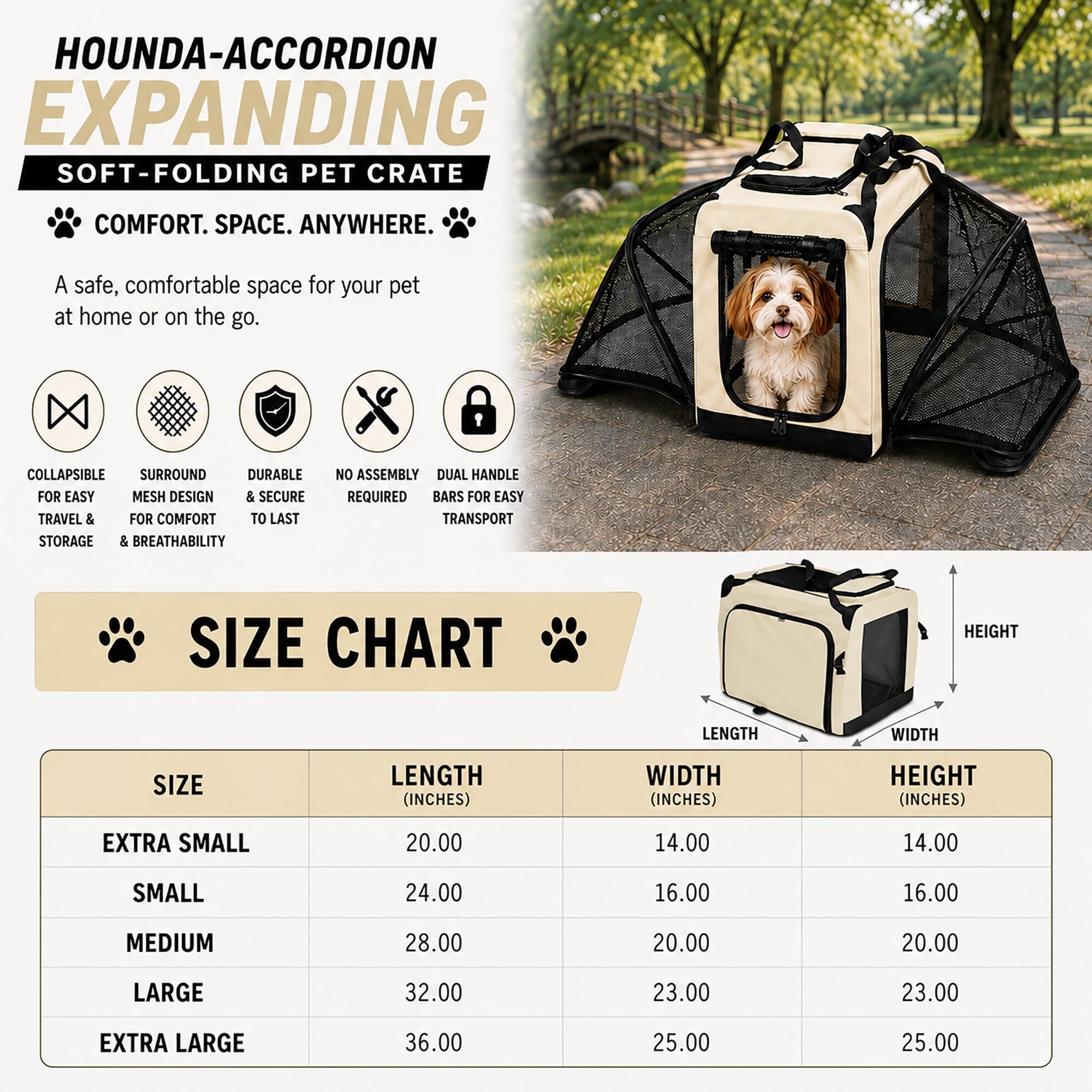 Hounda Accordion Collapsible Expandable Soft Pet Dog Crate
