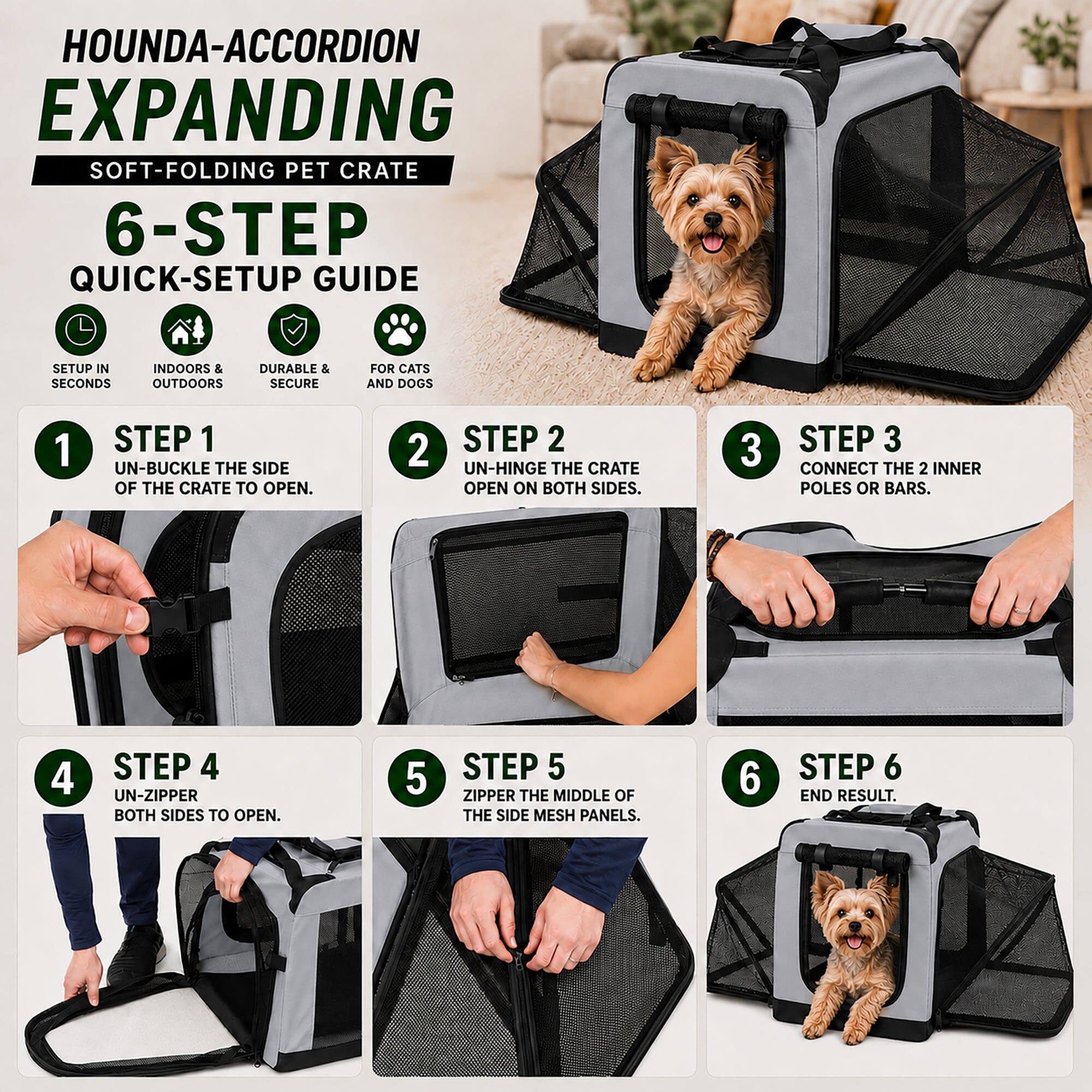 Hounda Accordion Collapsible Expandable Soft Pet Dog Crate