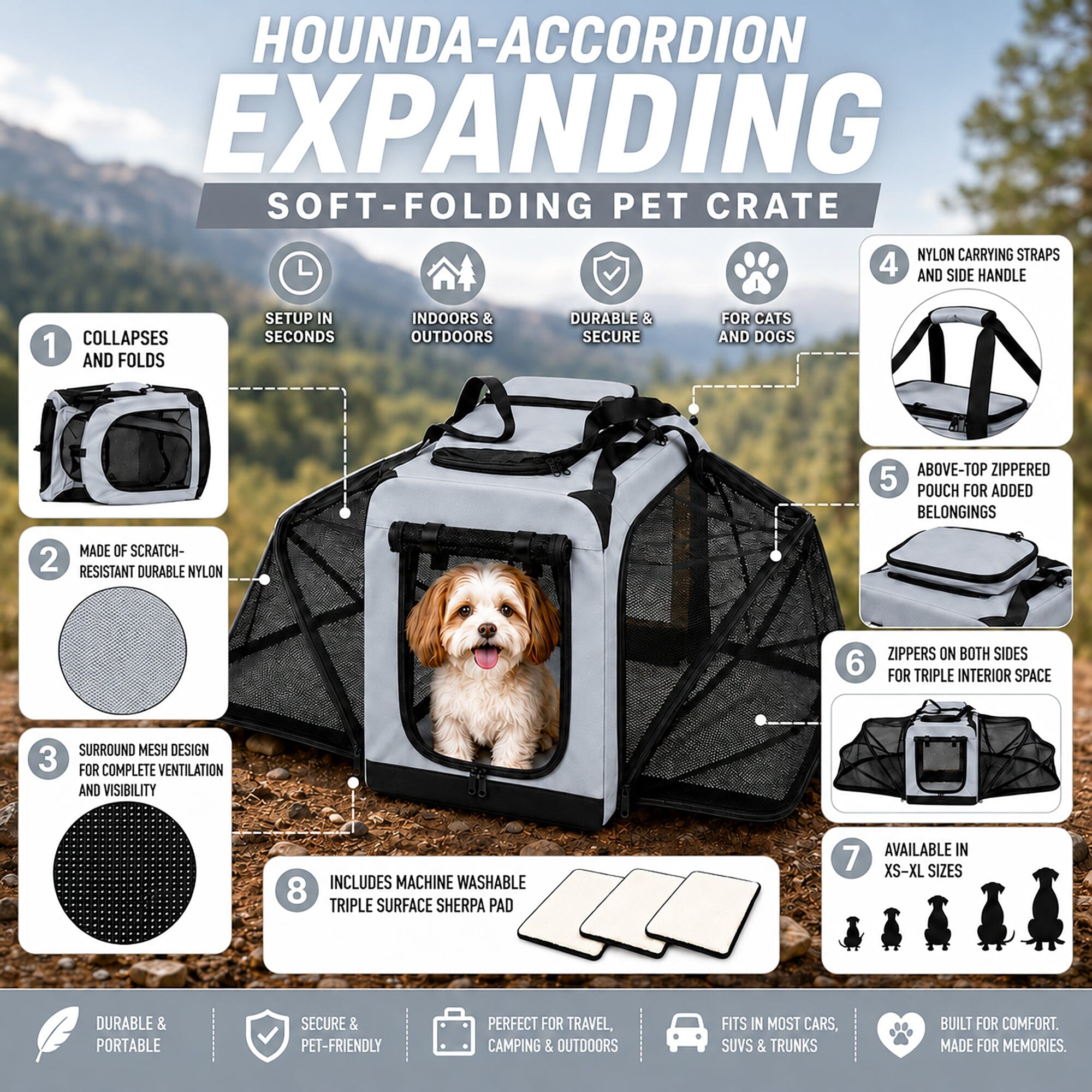 Hounda Accordion Collapsible Expandable Soft Pet Dog Crate
