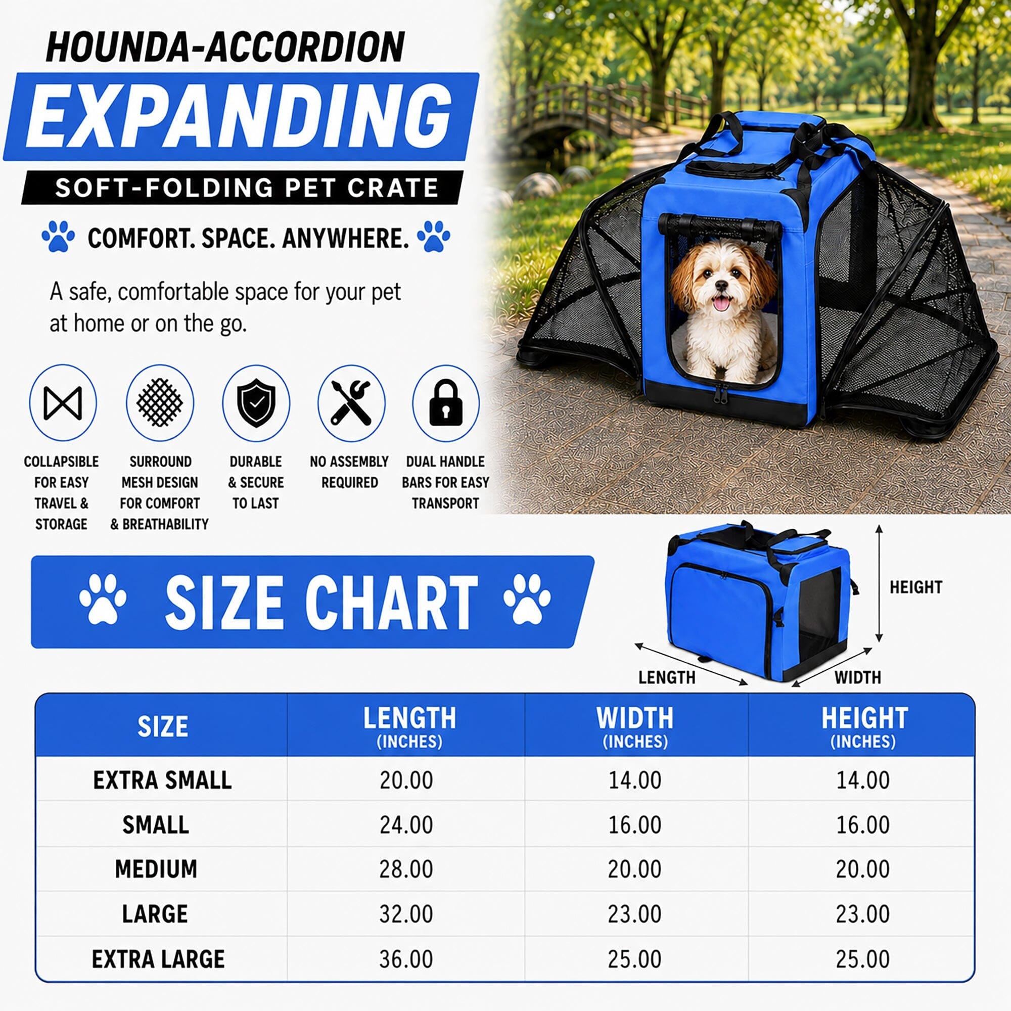 Hounda Accordion Collapsible Expandable Soft Pet Dog Crate