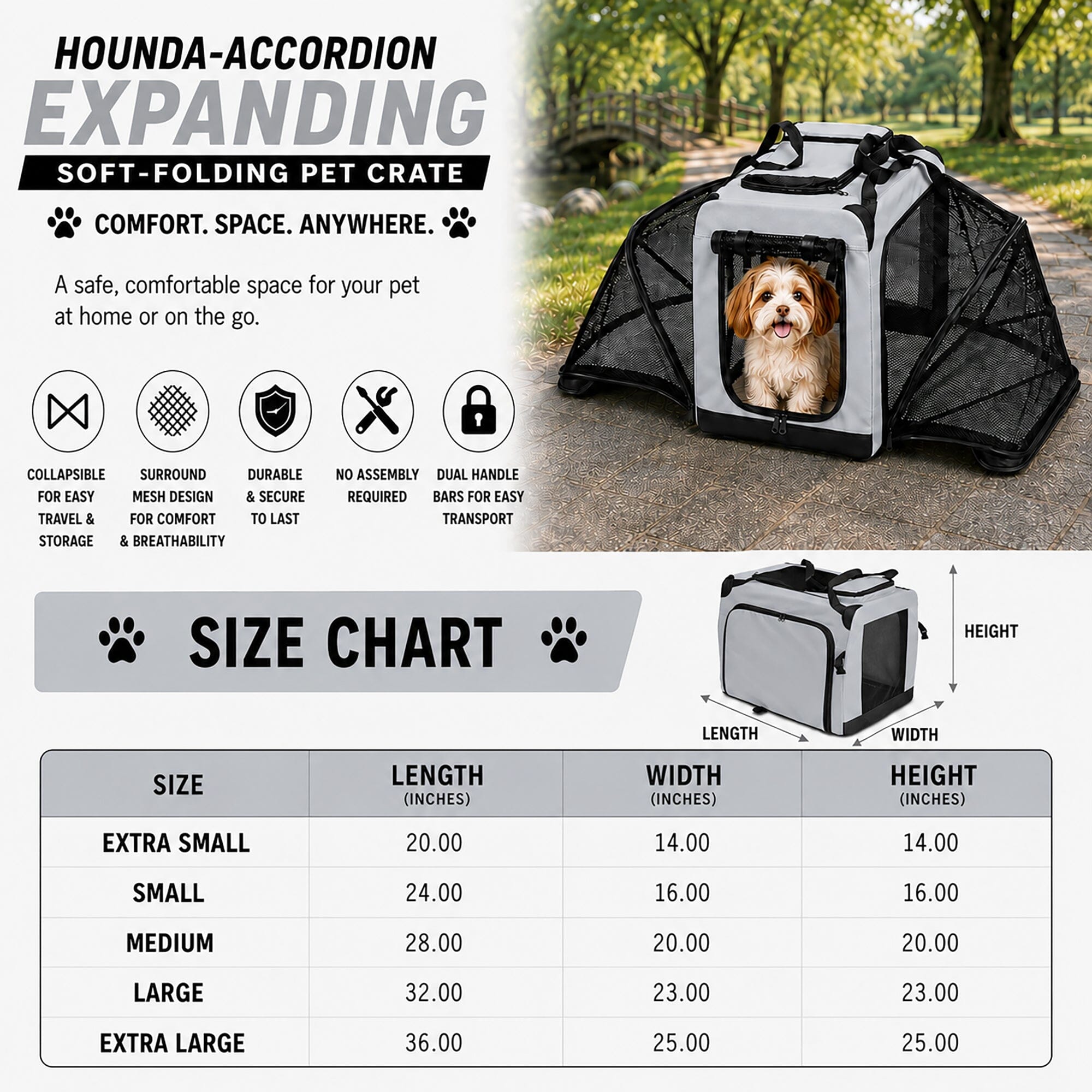 Hounda Accordion Collapsible Expandable Soft Pet Dog Crate