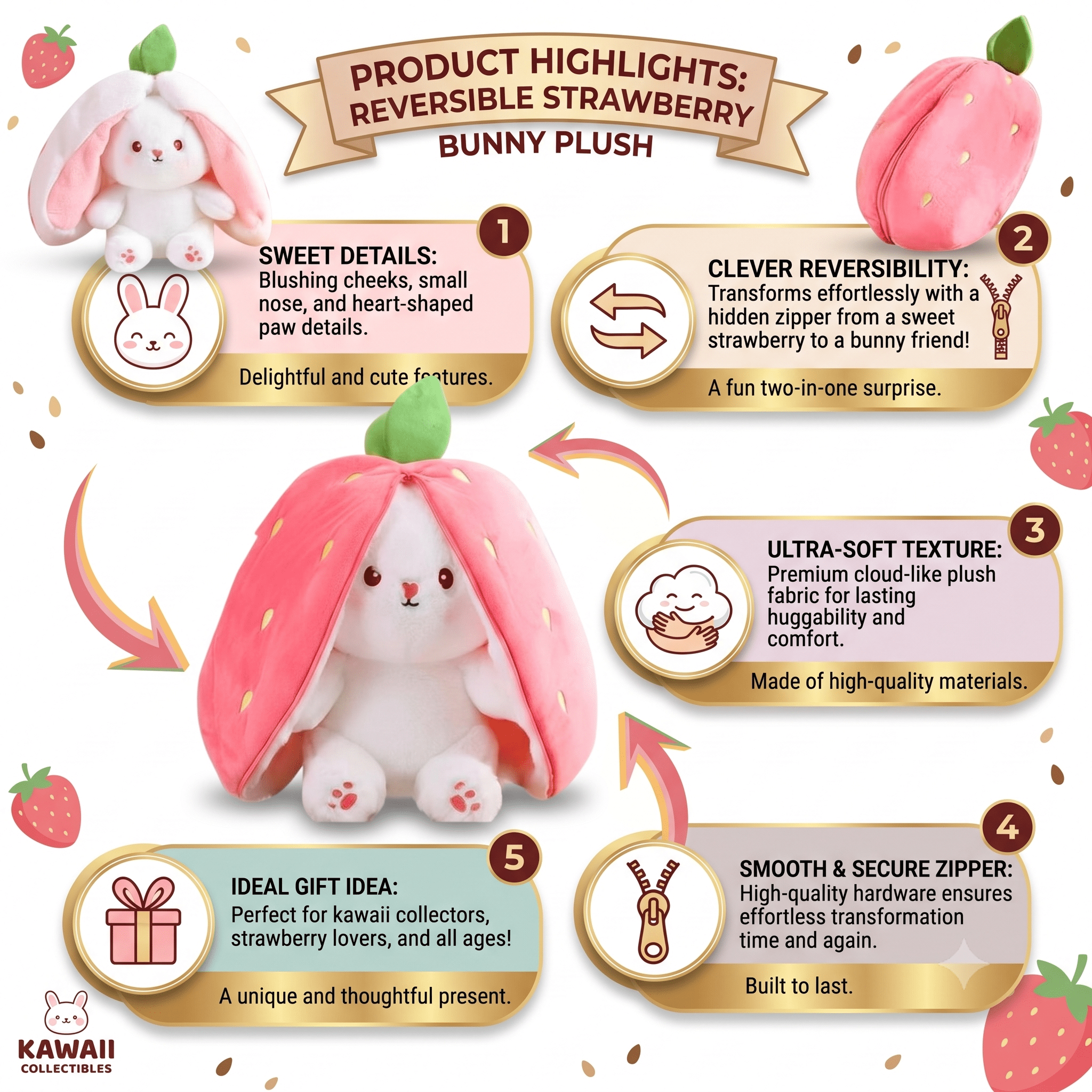 Reversible Strawberry Bunny Plush Toy Transforming Hide and Seek